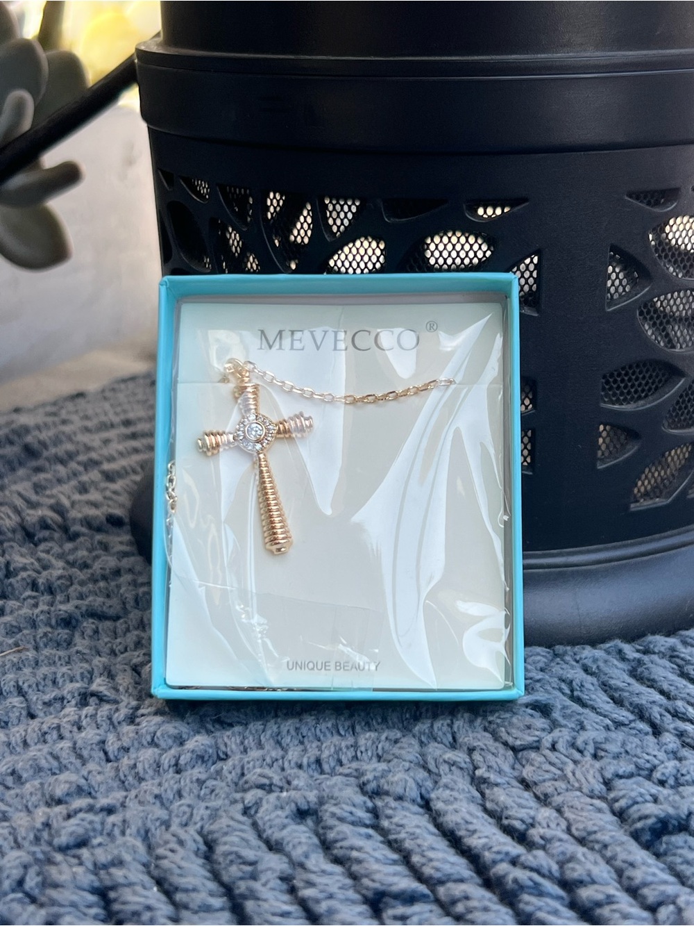 Ecco Rose Gold Textured Cross Necklace with Central Stone